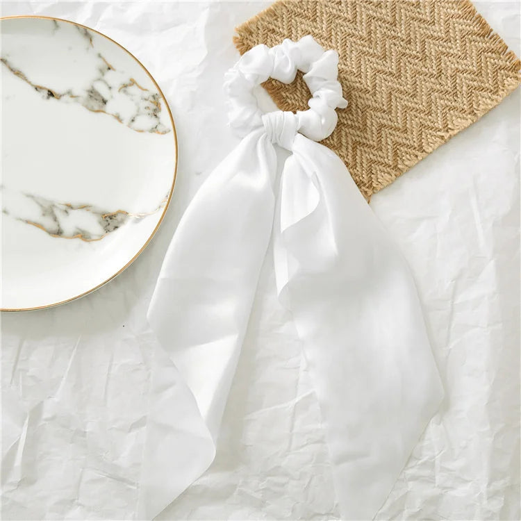 Mode : corde à cheveux longue en satin uni nouée Élastiques coréens pour femmes Foulard pour queue-de-cheval Bandeau élastique doux pour cheveux