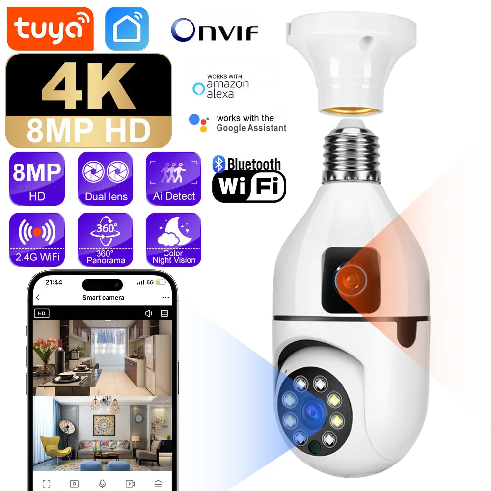 Caméra WiFi E27 8MP HD à Double Objectif – Caméra de Surveillance Intelligente PTZ 360° avec Détection Humaine AI, Suivi Automatique, Vision Nocturne Couleur, Compatible Tuya / Smart Life