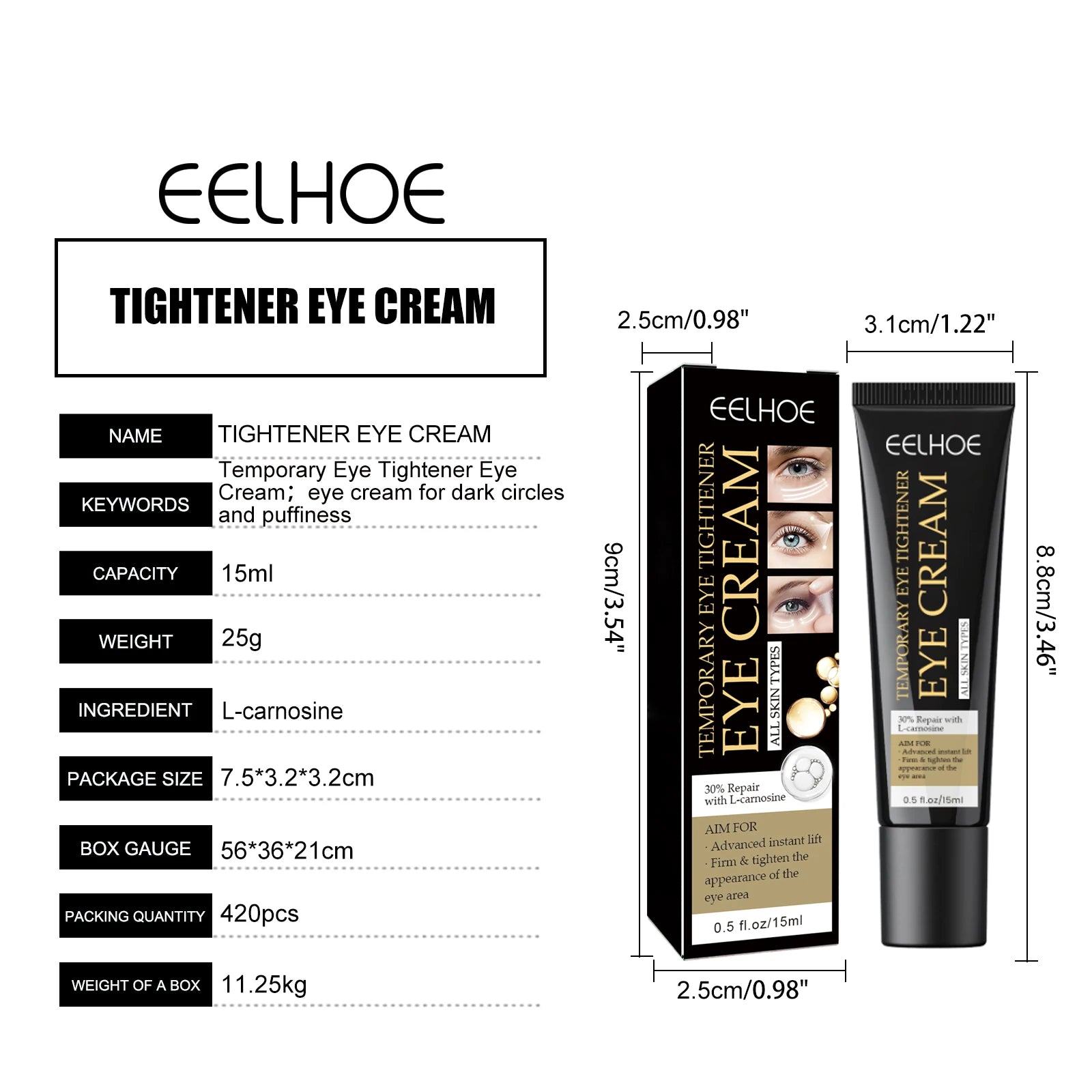 Crème Contour des Yeux EELHOE – Réduction des Cernes et des Poches, Raffermissante et Hydratante – Formule Nourrissante et Anti-Âge – 15ml