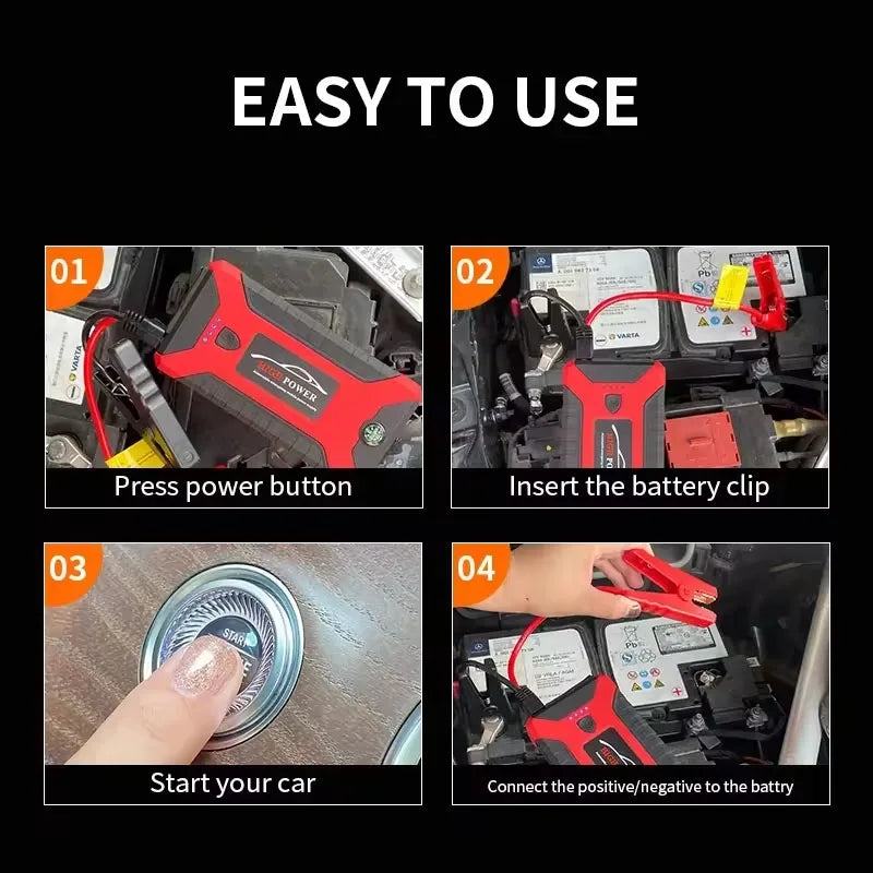 ⚡️ Démarreur de Voiture Portable 99800 mAh – Booster d’Urgence 12V 3000A pour Véhicules Essence & Diesel, Batterie de Secours Multifonction