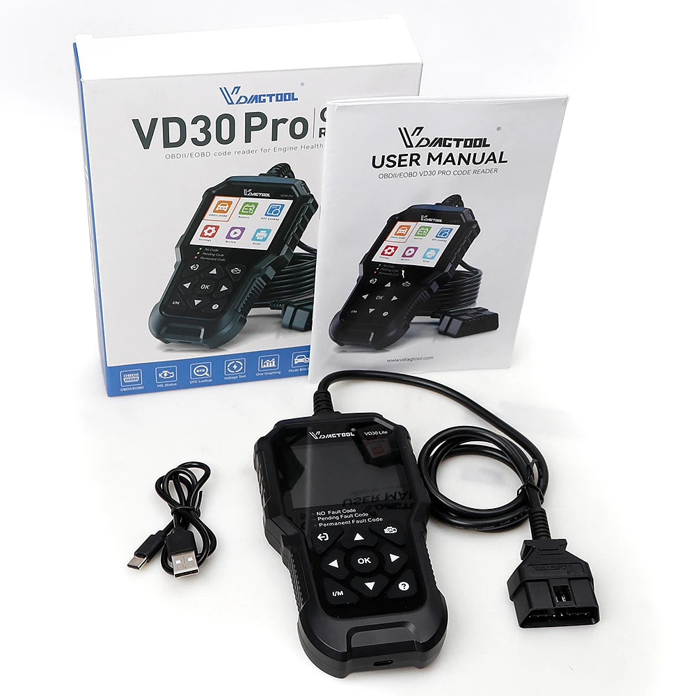 Outil de diagnostic VDIAGTOOL VD30Pro — Lecteur de codes, scanner OBD2 pour voitures et camions, avec fonctions de réinitialisation, données en temps réel et images figées.