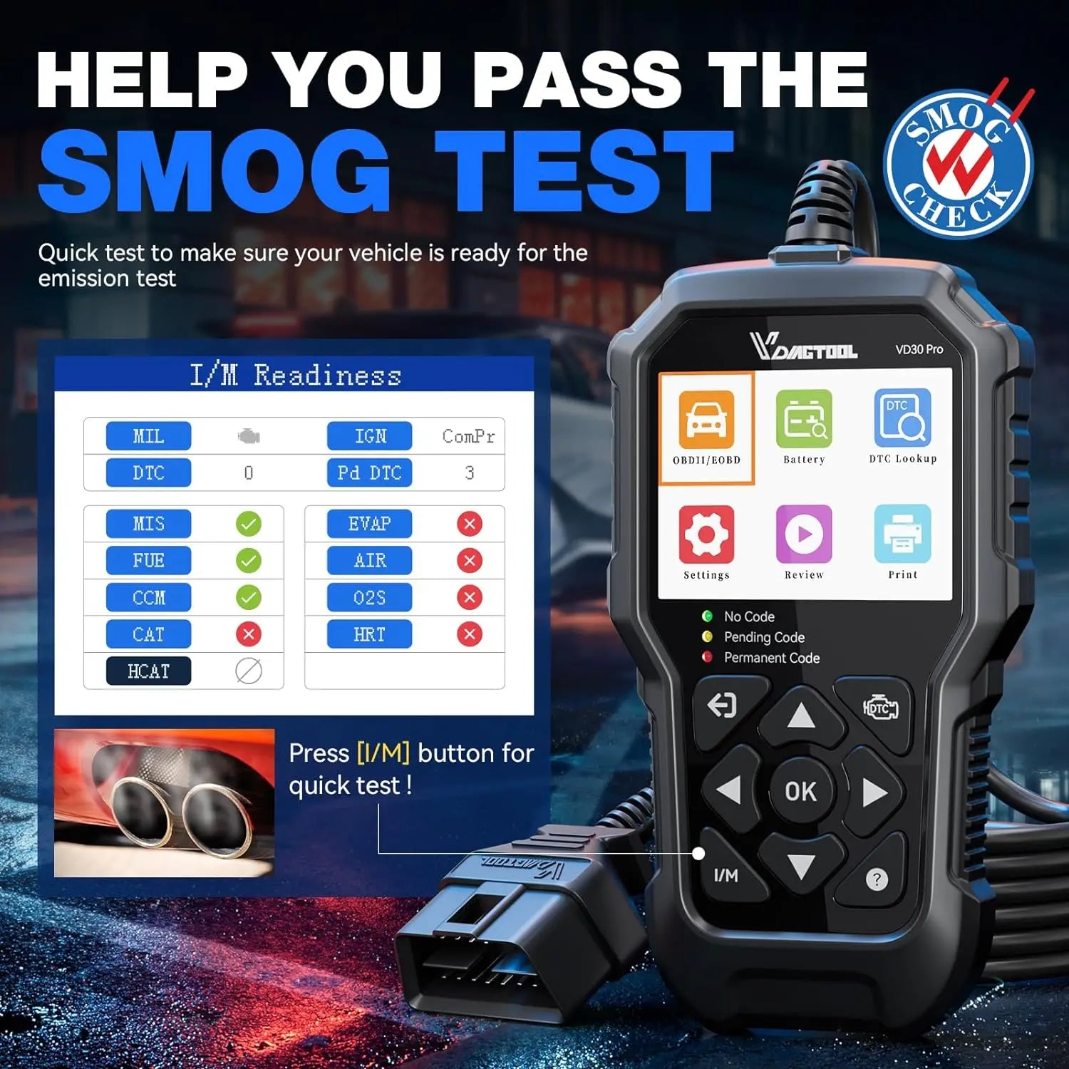 Outil de diagnostic VDIAGTOOL VD30Pro — Lecteur de codes, scanner OBD2 pour voitures et camions, avec fonctions de réinitialisation, données en temps réel et images figées.