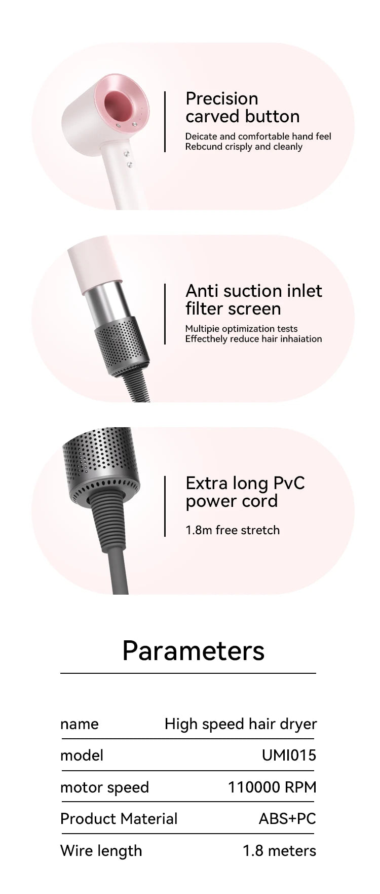 Sèche-cheveux professionnel sans feuilles, puissant et rapide, pour voyage et maison, ionique négatif, avec coffret cadeau