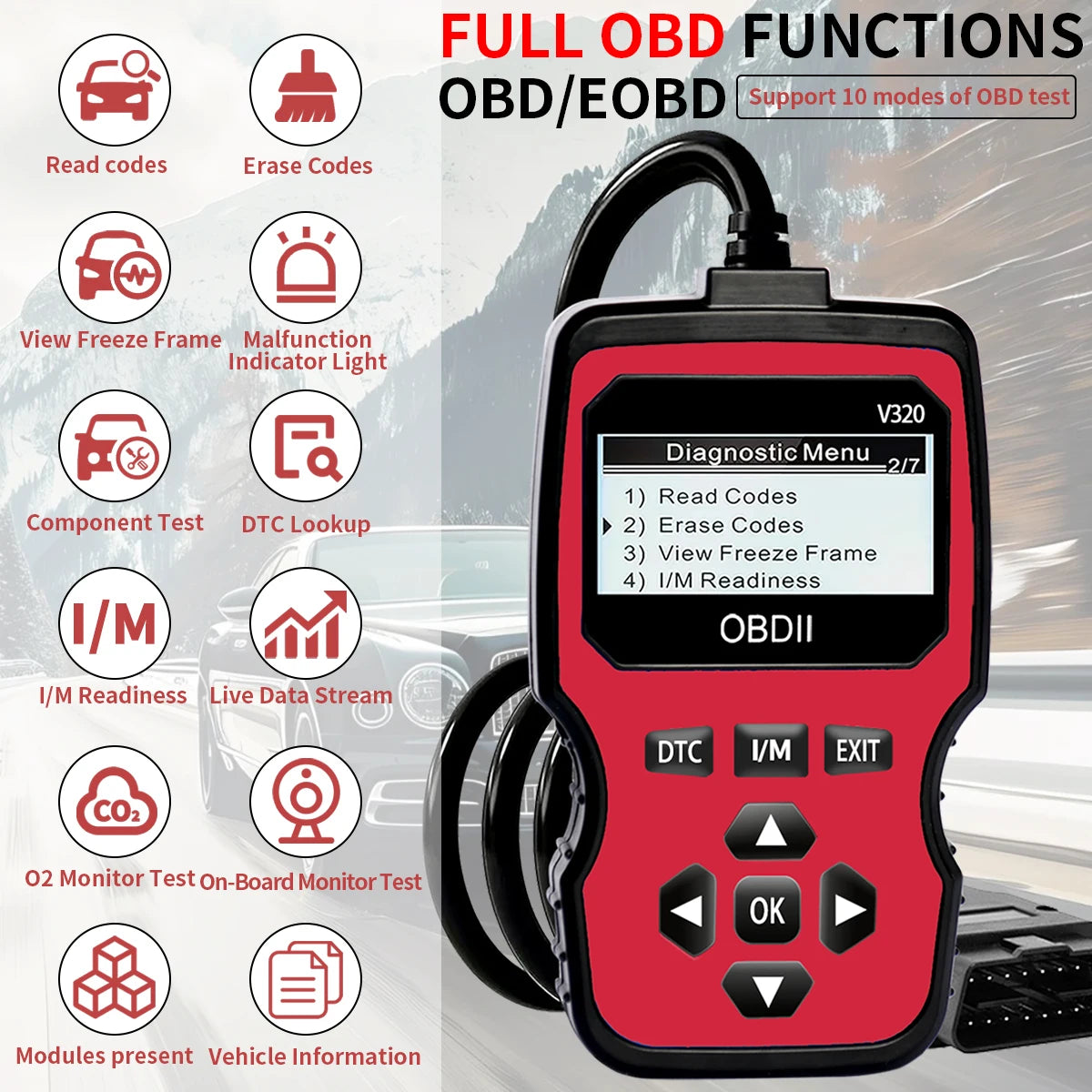 Outil de diagnostic OBD2 – Lecteur de codes moteur pour tous les véhicules à partir de 1996 avec affichage des données en temps réel, test de batterie et effacement des codes