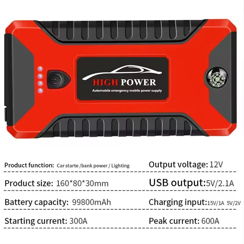 ⚡️ Démarreur de Voiture Portable 99800 mAh – Booster d’Urgence 12V 3000A pour Véhicules Essence & Diesel, Batterie de Secours Multifonction