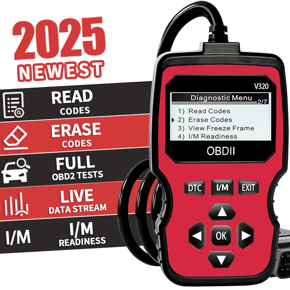 Outil de diagnostic OBD2 – Lecteur de codes moteur pour tous les véhicules à partir de 1996 avec affichage des données en temps réel, test de batterie et effacement des codes
