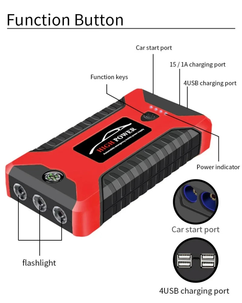 ⚡️ Démarreur de Voiture Portable 99800 mAh – Booster d’Urgence 12V 3000A pour Véhicules Essence & Diesel, Batterie de Secours Multifonction