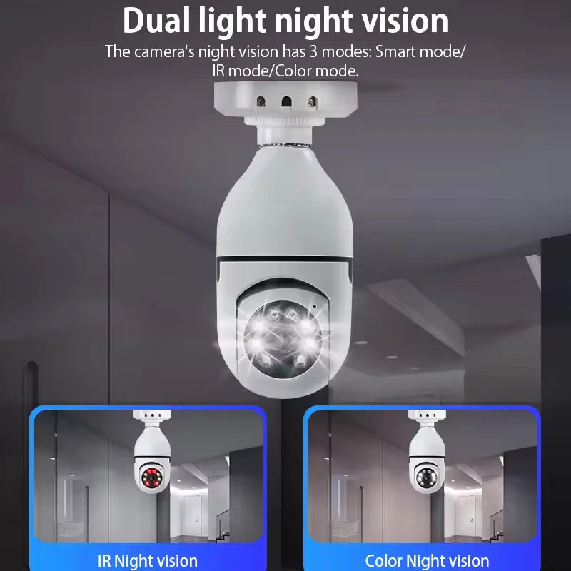 Caméra de Surveillance WiFi Ampoule E27 – Vision Nocturne Automatique en Couleur, Détection de Mouvement, Zoom Intelligent – Caméra de Sécurité Intérieure/Extérieure 360° Connectée