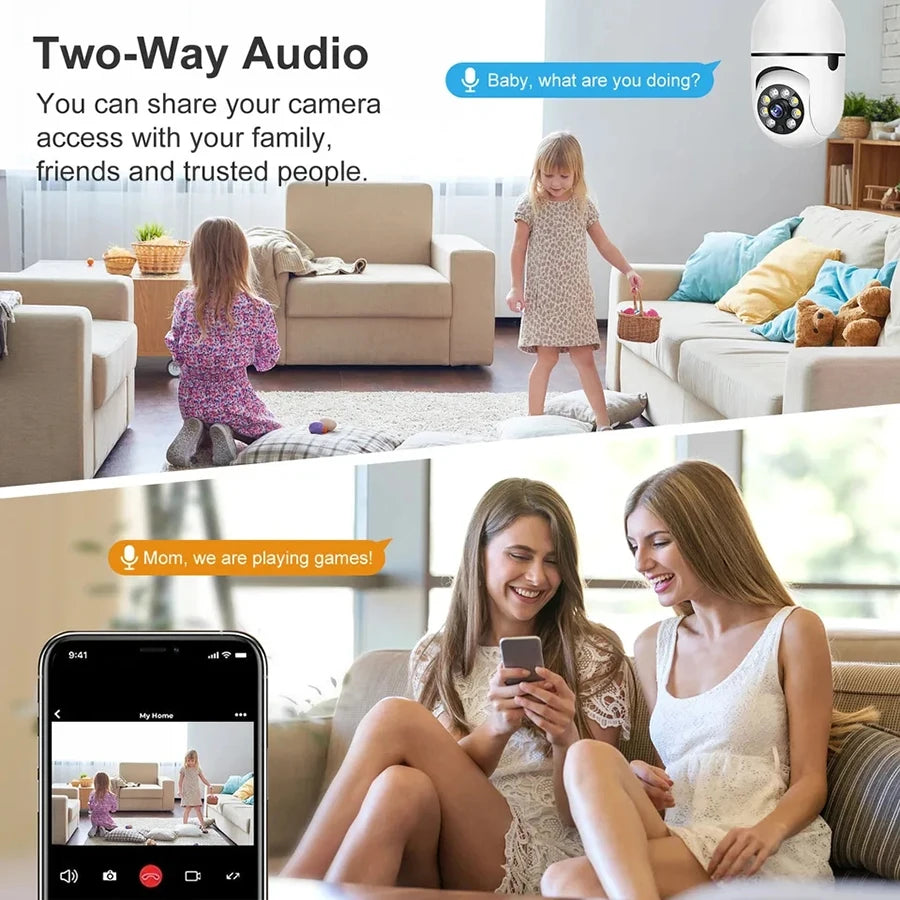 Caméra de Surveillance WiFi Ampoule E27 – Vision Nocturne Automatique en Couleur, Détection de Mouvement, Zoom Intelligent – Caméra de Sécurité Intérieure/Extérieure 360° Connectée