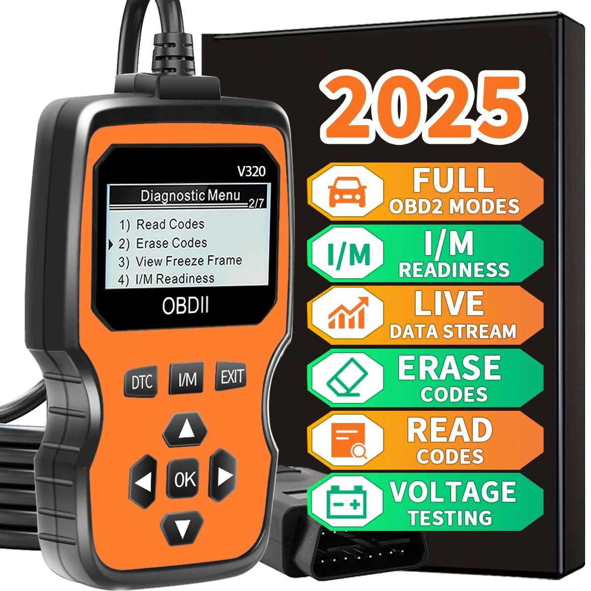 Outil de diagnostic OBD2 – Lecteur de codes moteur pour tous les véhicules à partir de 1996 avec affichage des données en temps réel, test de batterie et effacement des codes