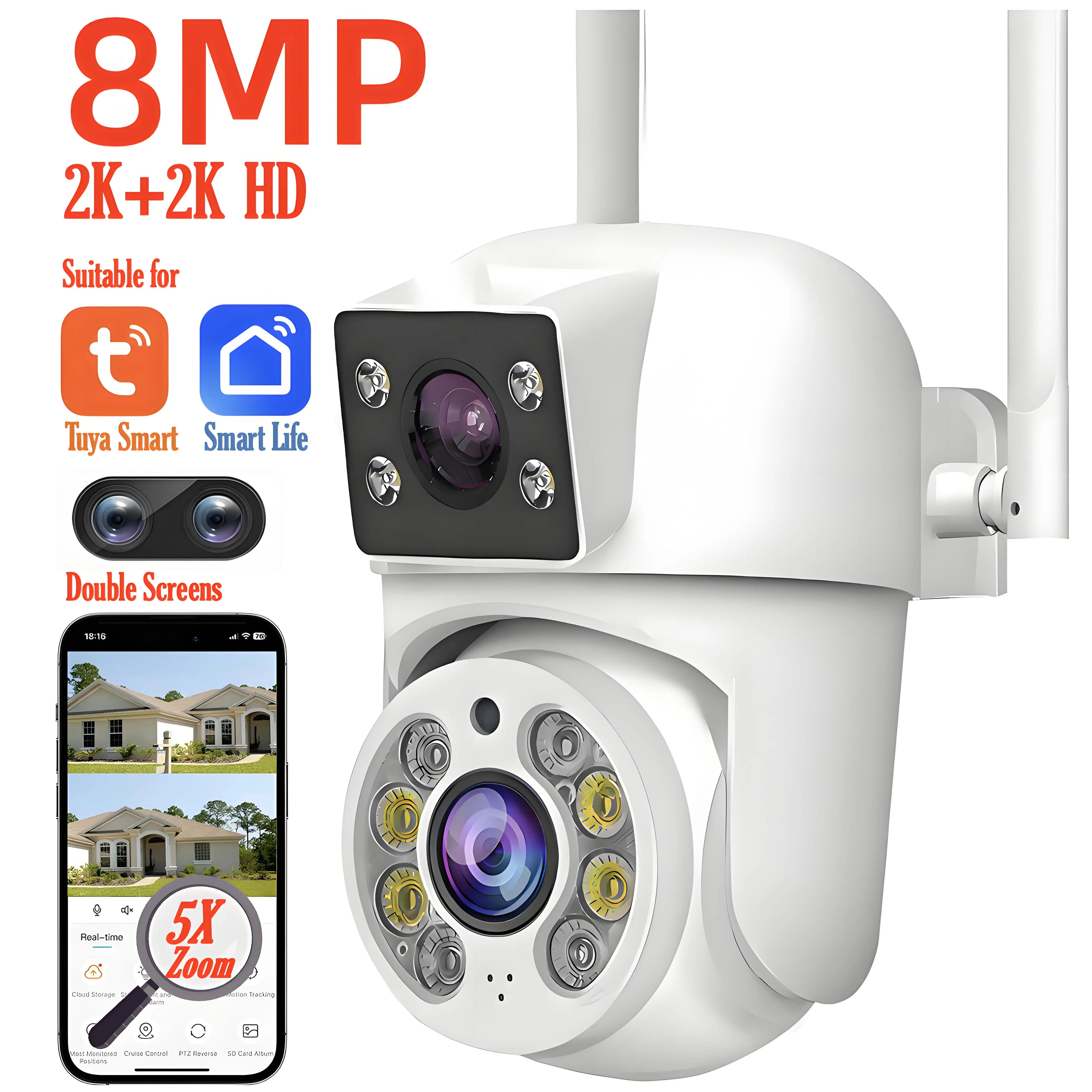 Caméra de Surveillance WiFi Tuya 8MP PTZ à Double Objectif – Vision Nocturne Couleur, Détection Manuelle, Double Écran, Caméra IP Extérieure Étanche, Contrôle à Distance Smart Life