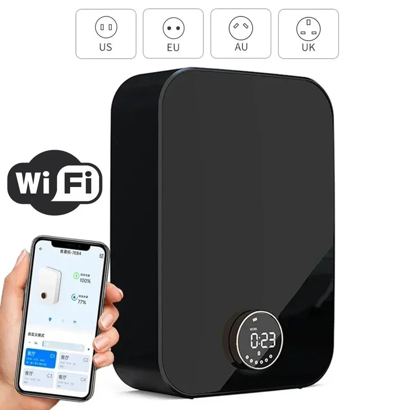 Diffuseur d’huiles essentielles sans eau avec système de nébulisation professionnel, écran LED et animations lumineuses, diffuseur de parfum intelligent pour la maison.