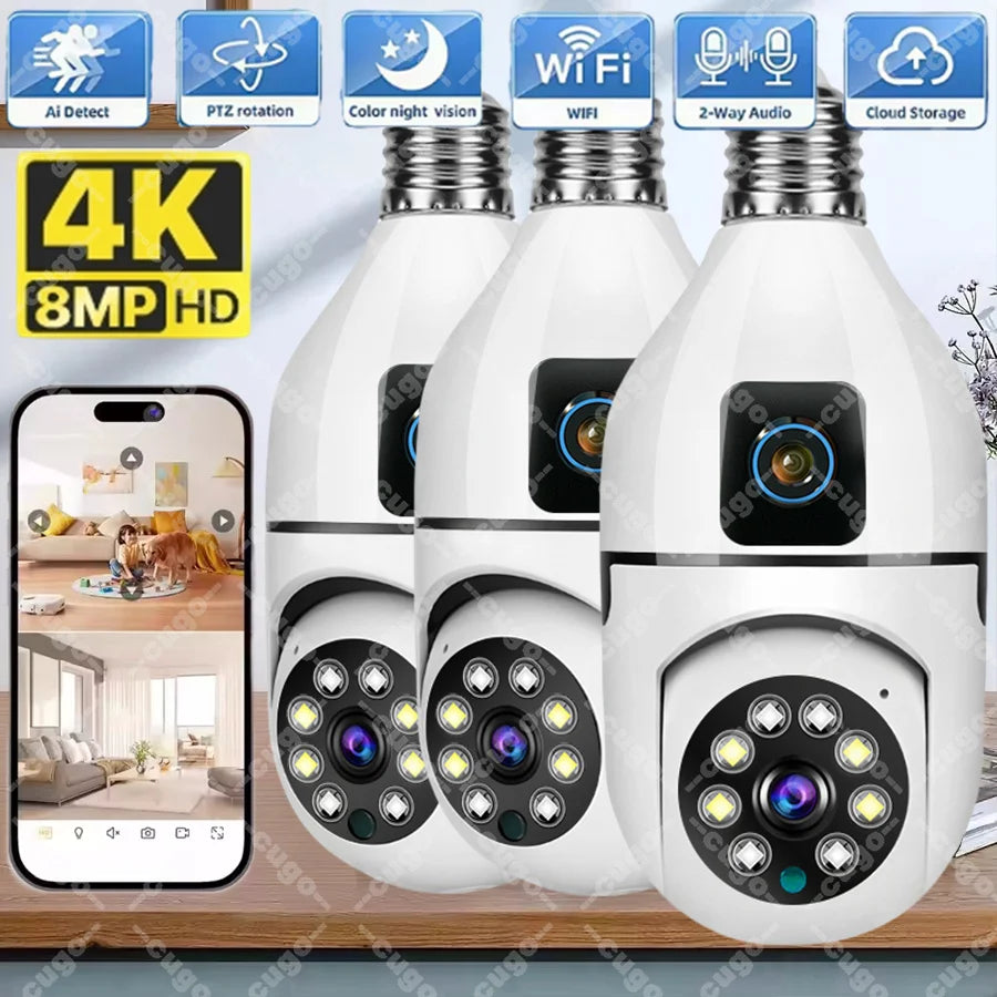 Caméra de Surveillance WiFi Ampoule E27 8MP – Vision Nocturne Couleur, Zoom 8X, Détection de Mouvement Humaine AI – Caméra Sécurité Intérieure 360°, Moniteur Bébé Intelligent