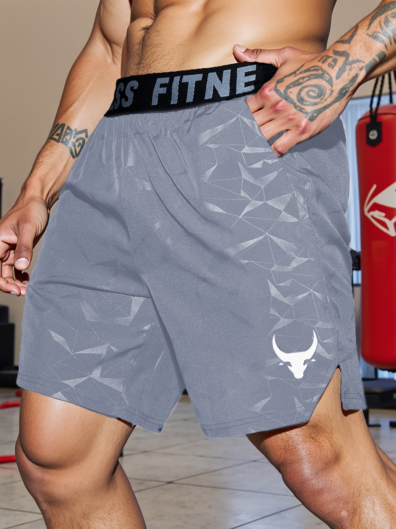Shorts de Sport Homme "S's FINE" – Gris, Polyester Séchant Rapidement avec Motif MMA Sport